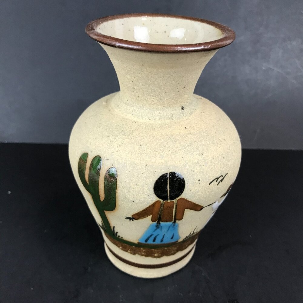 Tonala, Mexico Art Pottery Vase, man and woman, 6" x 4"